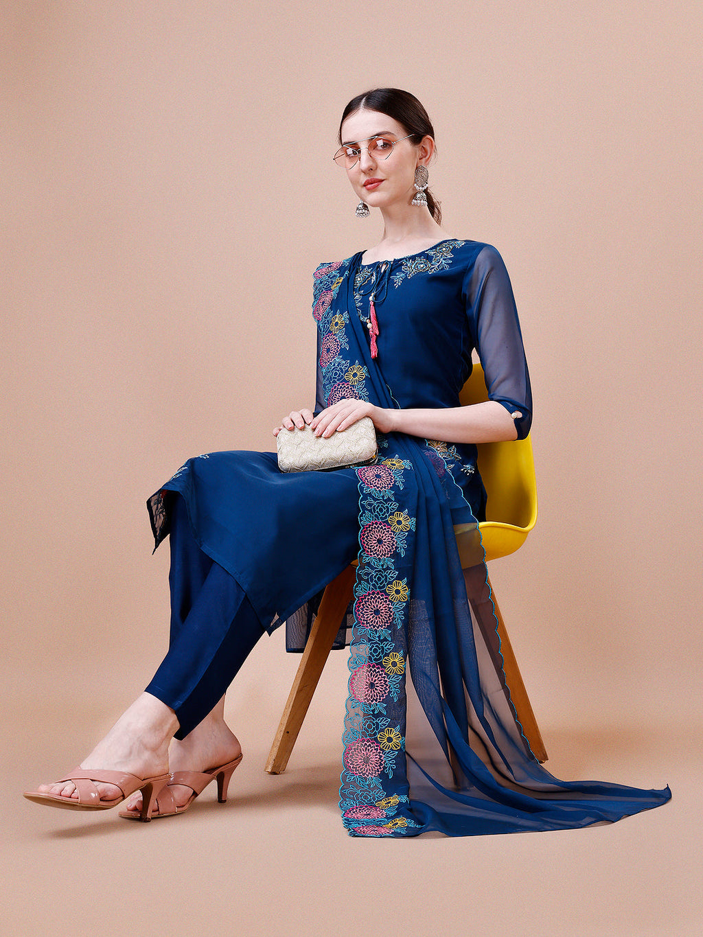 Placement Hand Embroidered Kurta With Pant & Embroidered Organza Dupatta, Multicolor - Hiral Fashion | Grocsy
