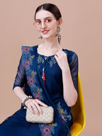 Placement Hand Embroidered Kurta With Pant & Embroidered Organza Dupatta, Multicolor - Hiral Fashion | Grocsy