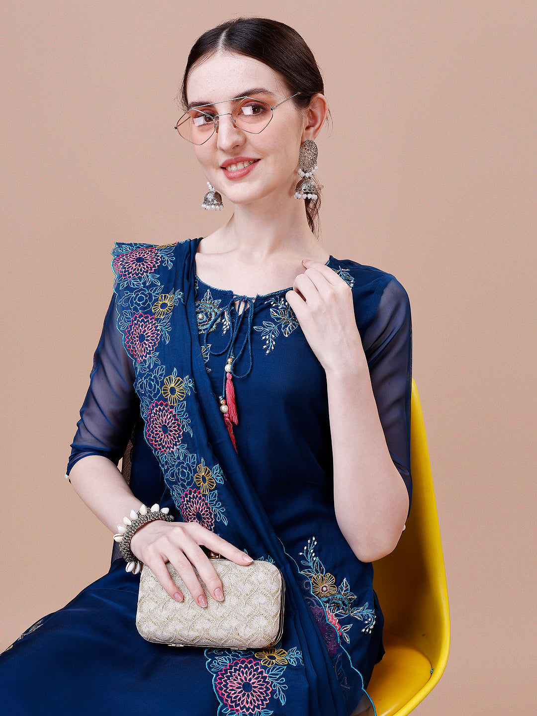 Placement Hand Embroidered Kurta With Pant & Embroidered Organza Dupatta, Multicolor - Hiral Fashion | Grocsy