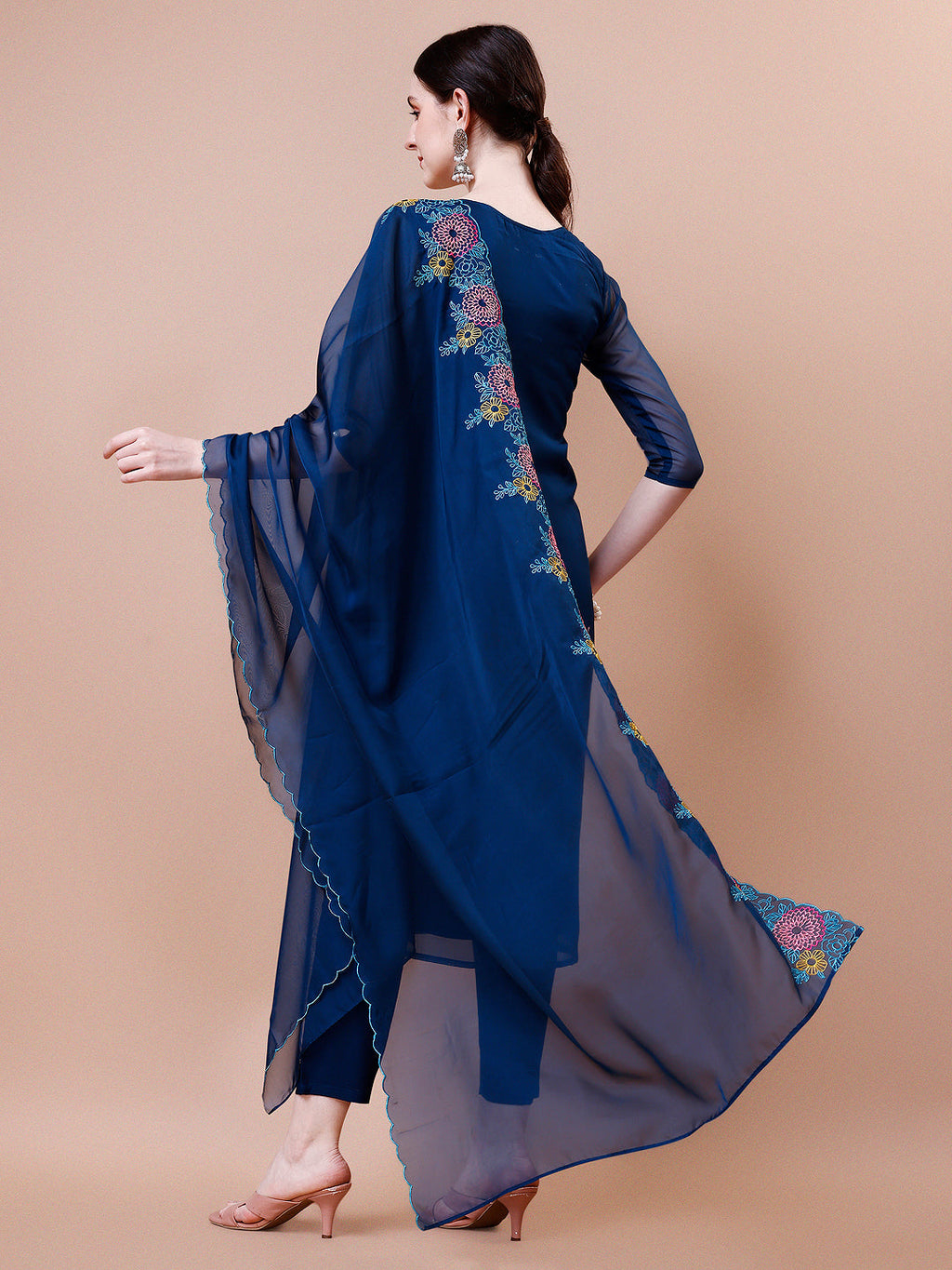 Placement Hand Embroidered Kurta With Pant & Embroidered Organza Dupatta, Multicolor - Hiral Fashion | Grocsy