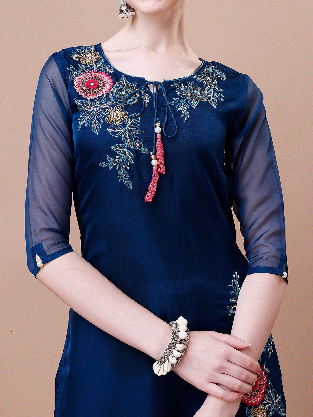 Placement Hand Embroidered Kurta With Pant & Embroidered Organza Dupatta, Multicolor - Hiral Fashion | Grocsy