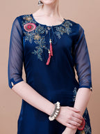 Placement Hand Embroidered Kurta With Pant & Embroidered Organza Dupatta, Multicolor - Hiral Fashion | Grocsy