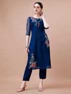 Placement Hand Embroidered Kurta With Pant & Embroidered Organza Dupatta, Multicolor - Hiral Fashion | Grocsy