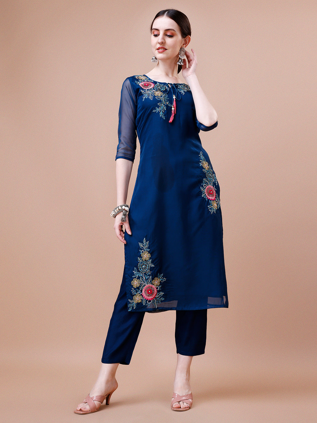 Placement Hand Embroidered Kurta With Pant & Embroidered Organza Dupatta, Multicolor - Hiral Fashion | Grocsy
