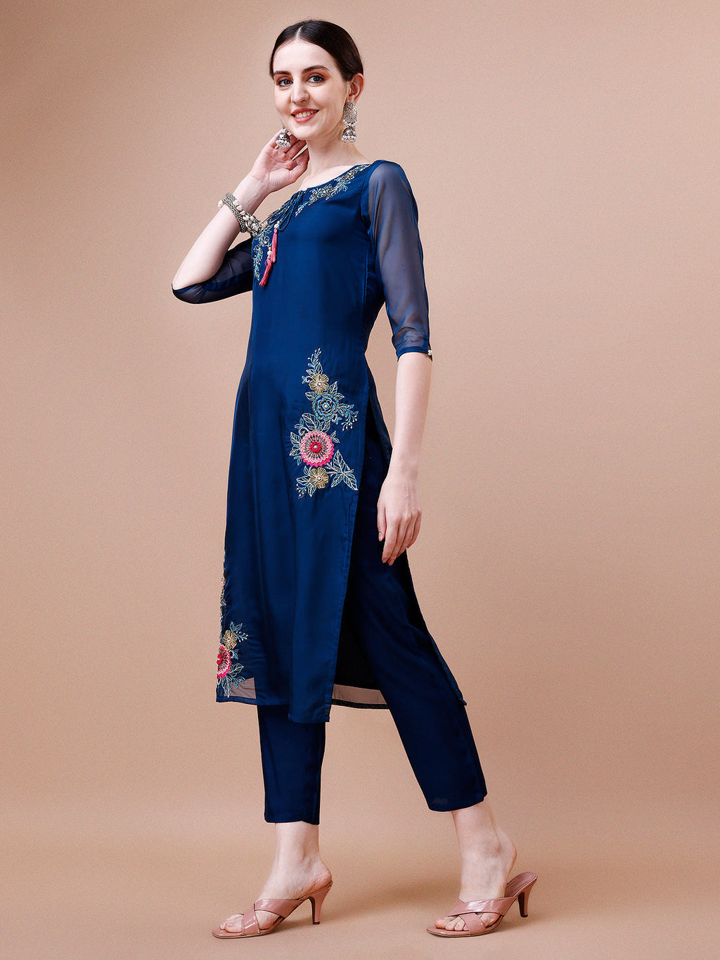 Placement Hand Embroidered Kurta With Pant & Embroidered Organza Dupatta, Multicolor - Hiral Fashion | Grocsy