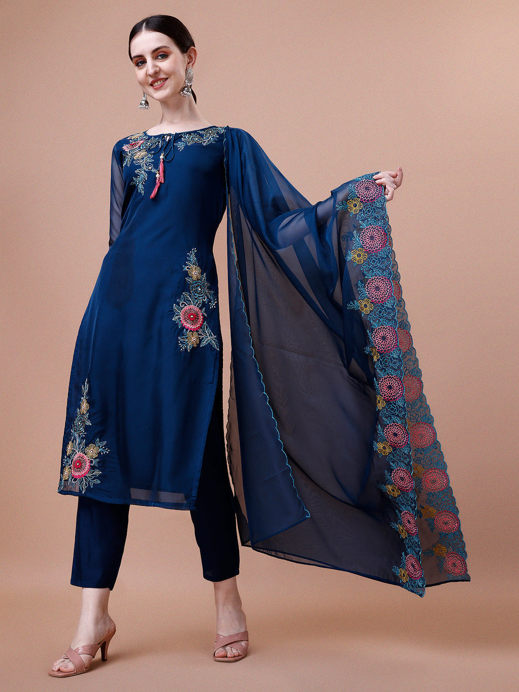 Placement Hand Embroidered Kurta With Pant & Embroidered Organza Dupatta, Multicolor - Hiral Fashion | Grocsy