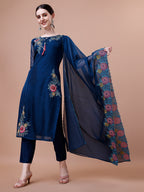 Placement Hand Embroidered Kurta With Pant & Embroidered Organza Dupatta, Multicolor - Hiral Fashion | Grocsy