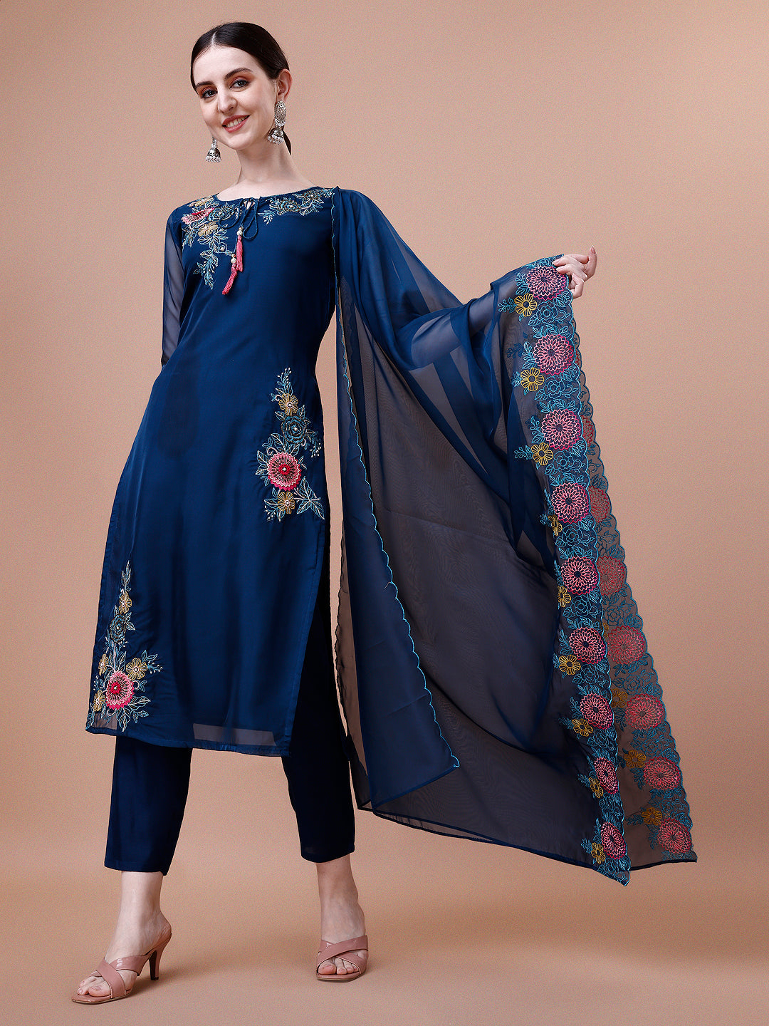 Placement Hand Embroidered Kurta With Pant & Embroidered Organza Dupatta, Multicolor - Hiral Fashion | Grocsy