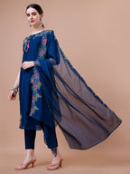 Placement Hand Embroidered Kurta With Pant & Embroidered Organza Dupatta, Multicolor - Hiral Fashion | Grocsy