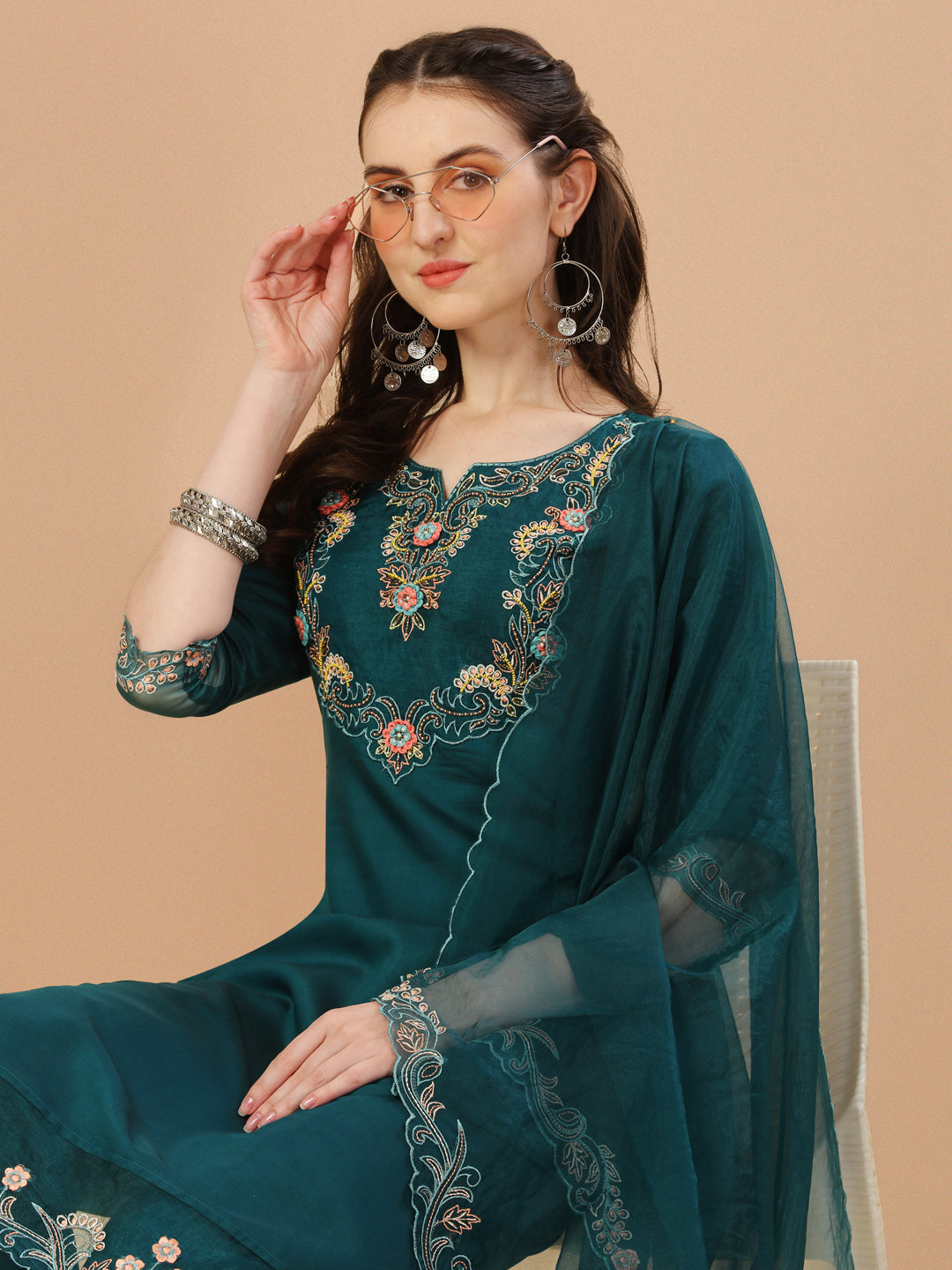Hand Embroidered Kurta With Pant & Organza Premium Embroidered Dupatta, Multicolor - Hiral Fashion | Grocsy