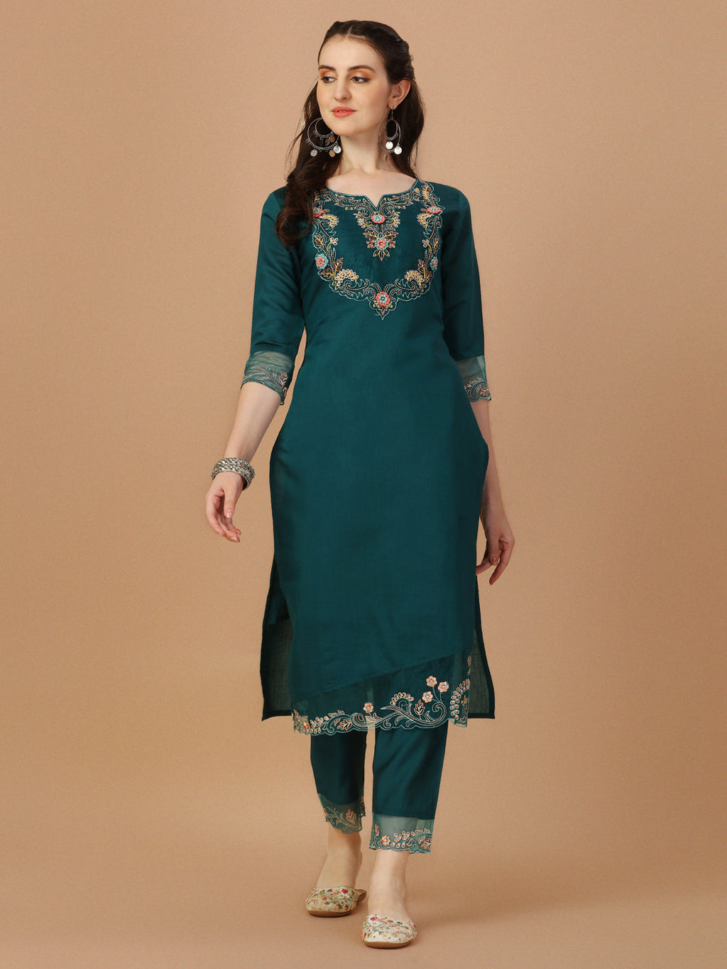 Hand Embroidered Kurta With Pant & Organza Premium Embroidered Dupatta, Multicolor - Hiral Fashion | Grocsy