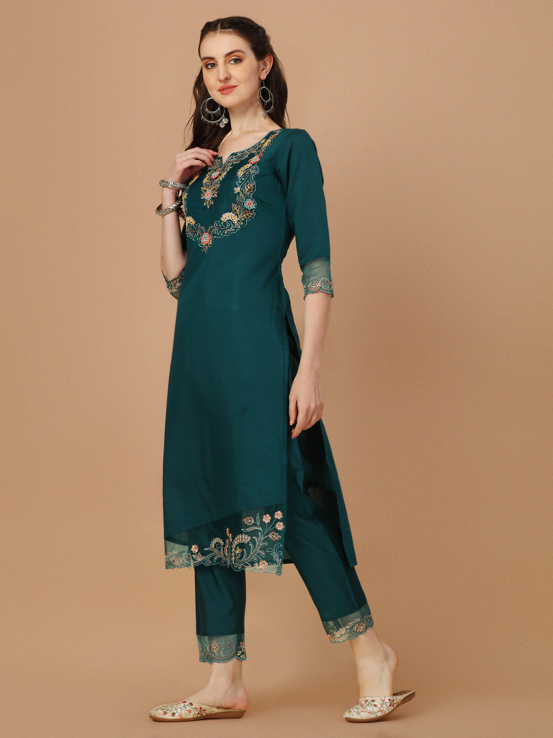 Hand Embroidered Kurta With Pant & Organza Premium Embroidered Dupatta, Multicolor - Hiral Fashion | Grocsy