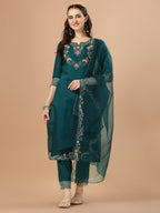 Hand Embroidered Kurta With Pant & Organza Premium Embroidered Dupatta, Multicolor - Hiral Fashion | Grocsy