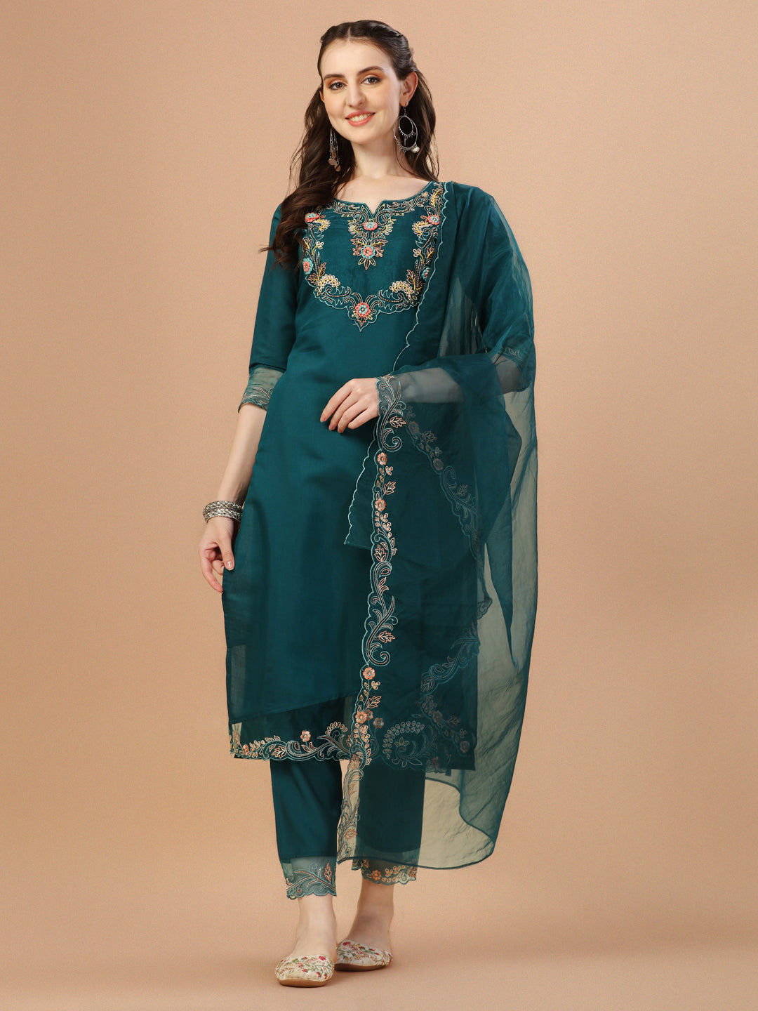 Hand Embroidered Kurta With Pant & Organza Premium Embroidered Dupatta, Multicolor - Hiral Fashion | Grocsy
