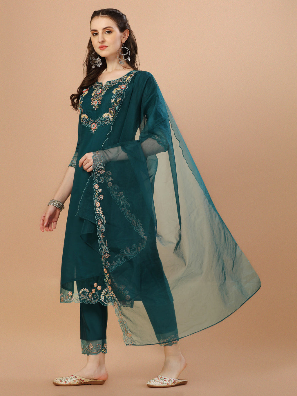 Hand Embroidered Kurta With Pant & Organza Premium Embroidered Dupatta, Multicolor - Hiral Fashion | Grocsy