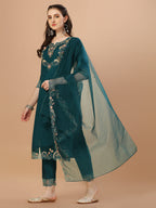 Hand Embroidered Kurta With Pant & Organza Premium Embroidered Dupatta, Multicolor - Hiral Fashion | Grocsy