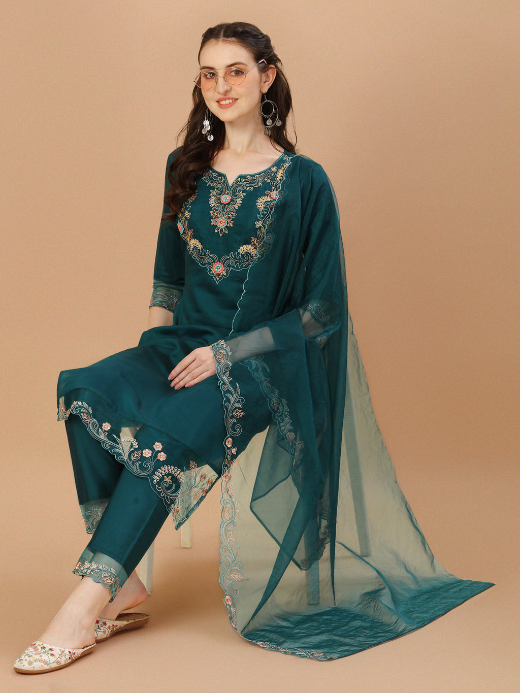 Hand Embroidered Kurta With Pant & Organza Premium Embroidered Dupatta, Multicolor - Hiral Fashion | Grocsy