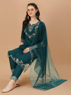 Hand Embroidered Kurta With Pant & Organza Premium Embroidered Dupatta, Multicolor - Hiral Fashion | Grocsy