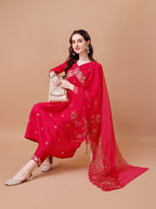 Alia Cut Embroidered Kurta With Pant & Organza Embroidered Dupatta Premium, Multicolor - Hiral Fashion | Grocsy