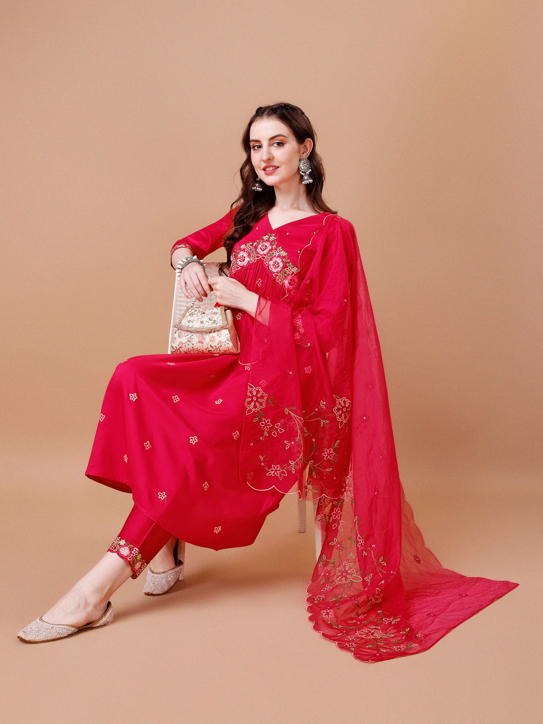 Alia Cut Embroidered Kurta With Pant & Organza Embroidered Dupatta Premium, Multicolor - Hiral Fashion | Grocsy