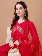 Alia Cut Embroidered Kurta With Pant & Organza Embroidered Dupatta Premium, Multicolor - Hiral Fashion | Grocsy