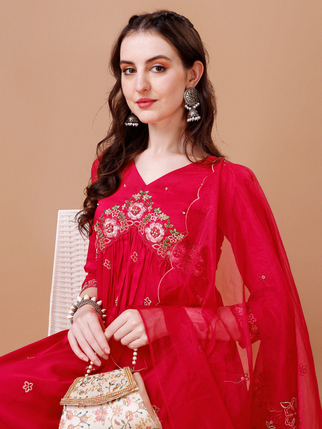 Alia Cut Embroidered Kurta With Pant & Organza Embroidered Dupatta Premium, Multicolor - Hiral Fashion | Grocsy