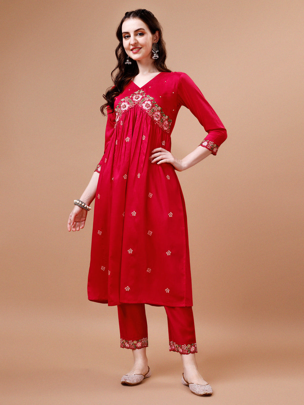 Alia Cut Embroidered Kurta With Pant & Organza Embroidered Dupatta Premium, Multicolor - Hiral Fashion | Grocsy