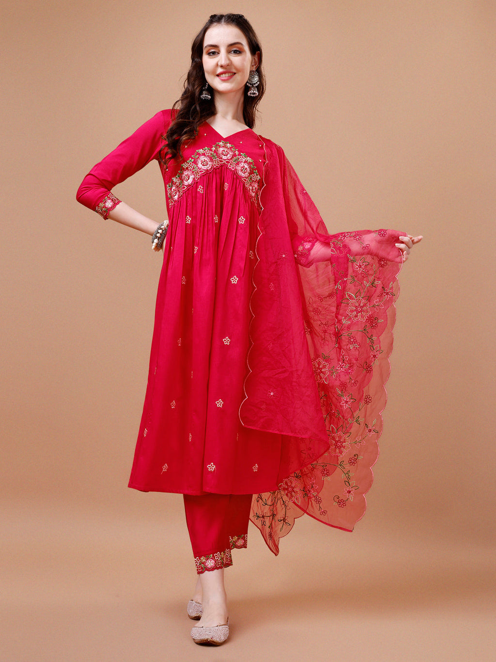 Alia Cut Embroidered Kurta With Pant & Organza Embroidered Dupatta Premium, Multicolor - Hiral Fashion | Grocsy