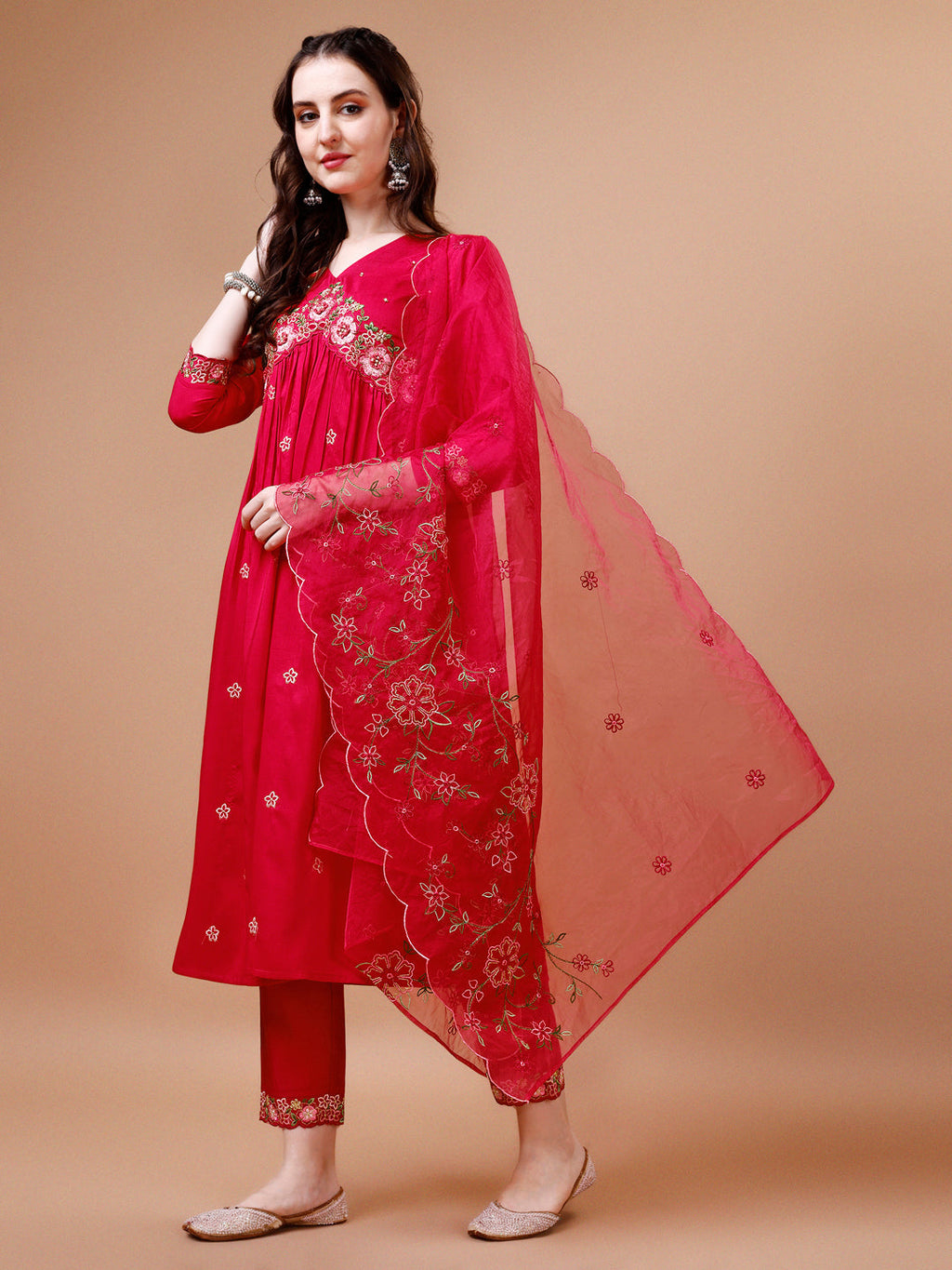 Alia Cut Embroidered Kurta With Pant & Organza Embroidered Dupatta Premium, Multicolor - Hiral Fashion | Grocsy