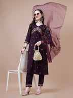 Alia Cut Embroidered Kurta With Pant & Organza Embroidered Dupatta Premium, Multicolor - Hiral Fashion | Grocsy