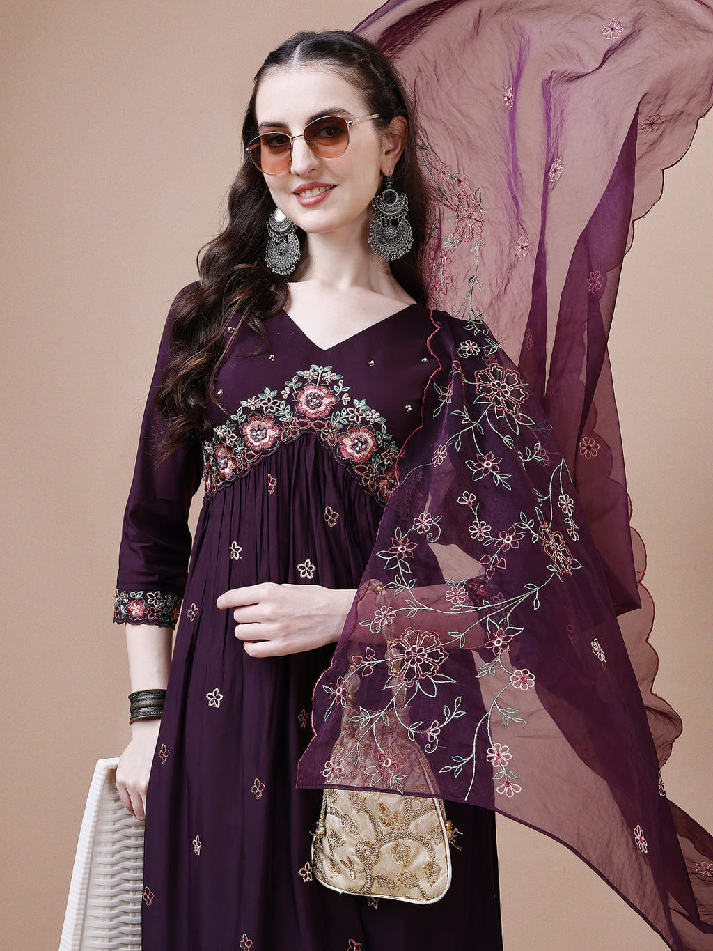 Alia Cut Embroidered Kurta With Pant & Organza Embroidered Dupatta Premium, Multicolor - Hiral Fashion | Grocsy