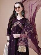 Alia Cut Embroidered Kurta With Pant & Organza Embroidered Dupatta Premium, Multicolor - Hiral Fashion | Grocsy