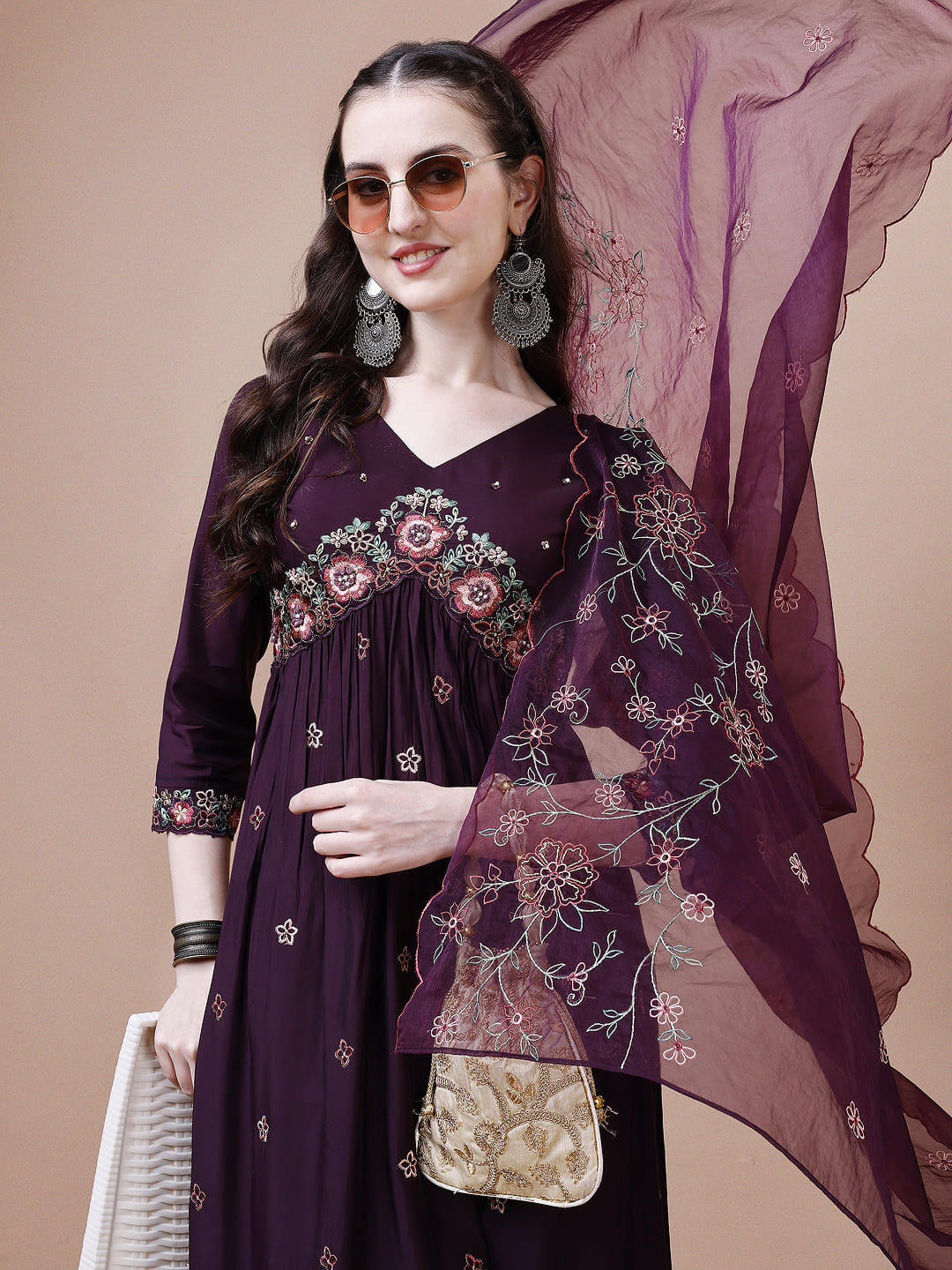 Alia Cut Embroidered Kurta With Pant & Organza Embroidered Dupatta Premium, Multicolor - Hiral Fashion | Grocsy