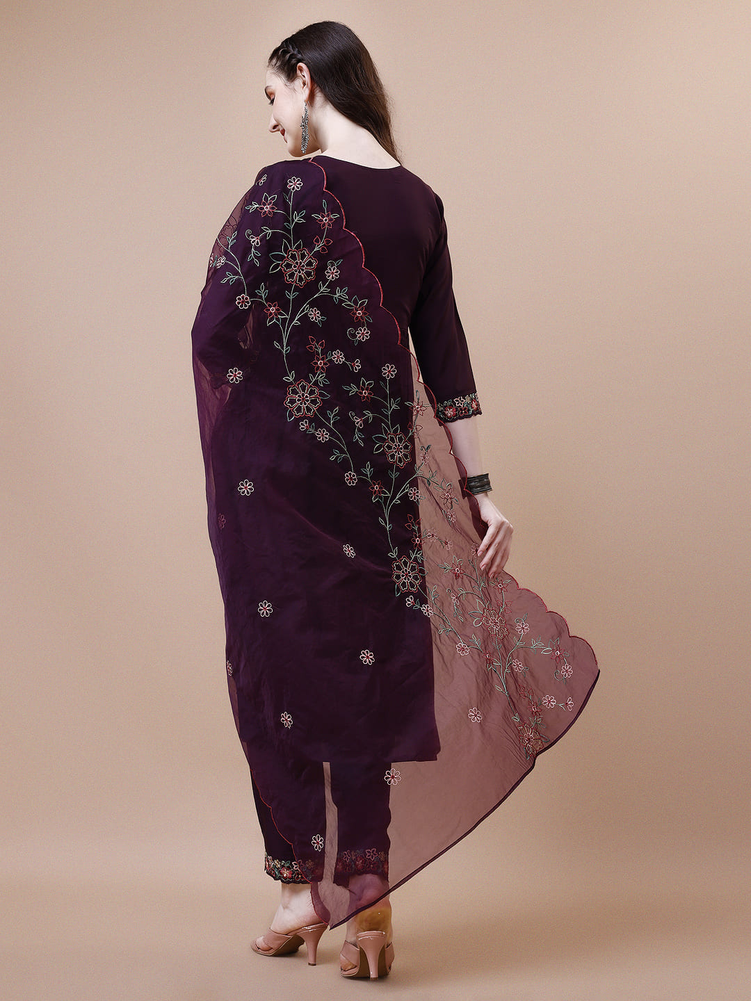 Alia Cut Embroidered Kurta With Pant & Organza Embroidered Dupatta Premium, Multicolor - Hiral Fashion | Grocsy