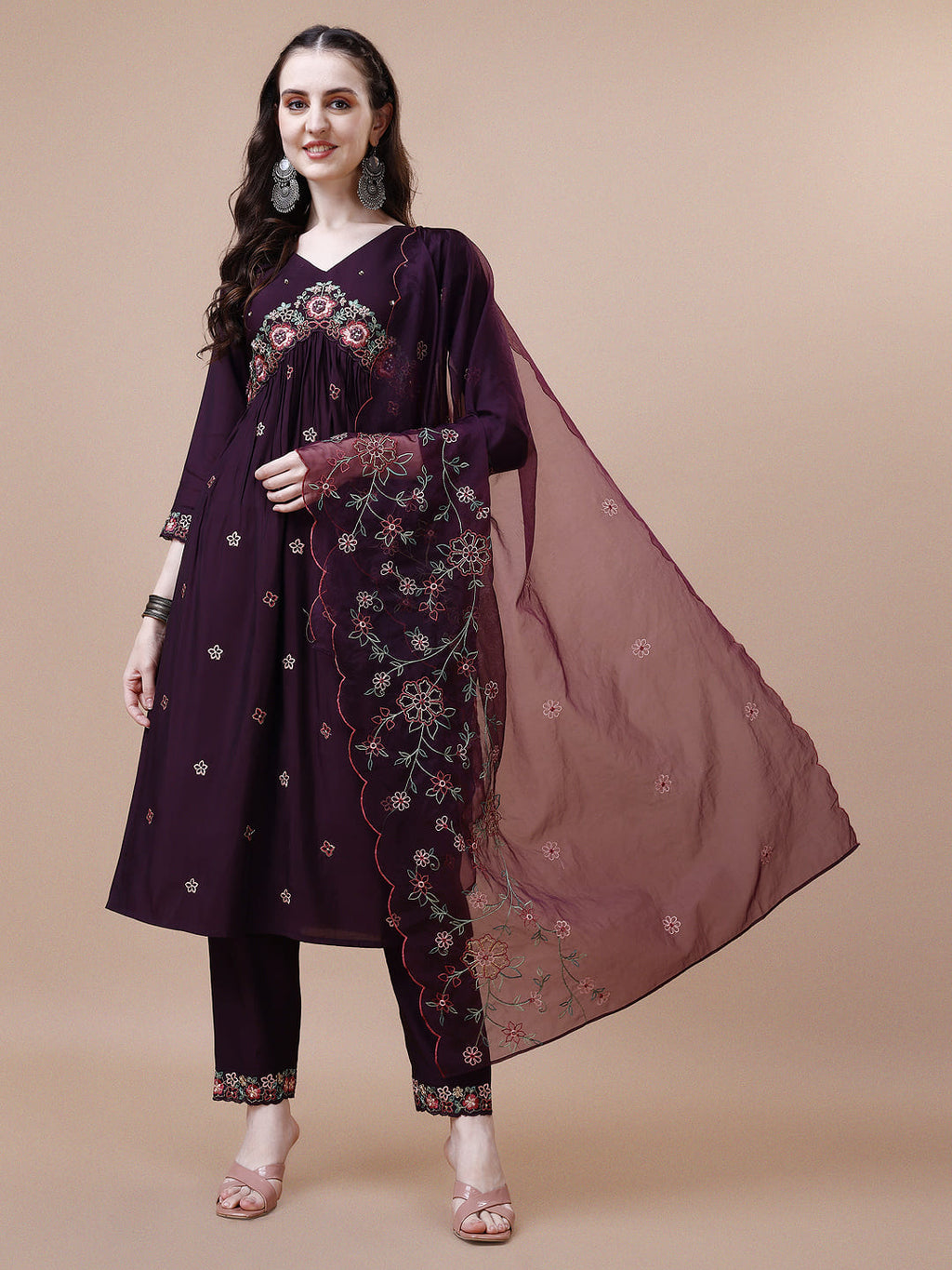Alia Cut Embroidered Kurta With Pant & Organza Embroidered Dupatta Premium, Multicolor - Hiral Fashion | Grocsy