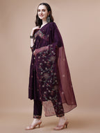 Alia Cut Embroidered Kurta With Pant & Organza Embroidered Dupatta Premium, Multicolor - Hiral Fashion | Grocsy