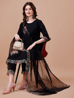 Hand Embroidered Kurta With Pant & Embroidered Organza Dupatta Premium, Multicolor - Hiral Fashion | Grocsy