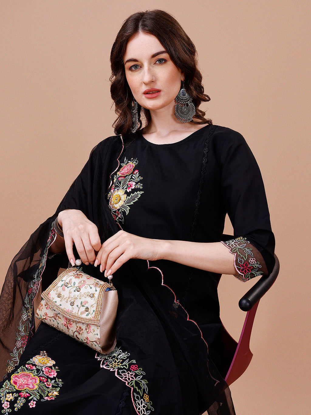 Hand Embroidered Kurta With Pant & Embroidered Organza Dupatta Premium, Multicolor - Hiral Fashion | Grocsy