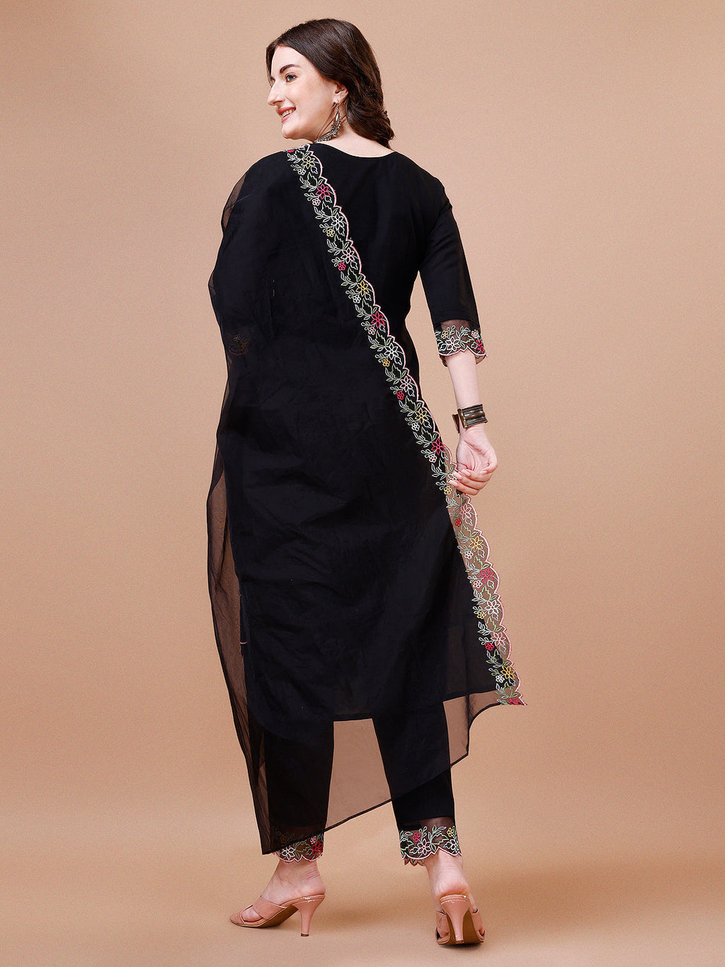 Hand Embroidered Kurta With Pant & Embroidered Organza Dupatta Premium, Multicolor - Hiral Fashion | Grocsy