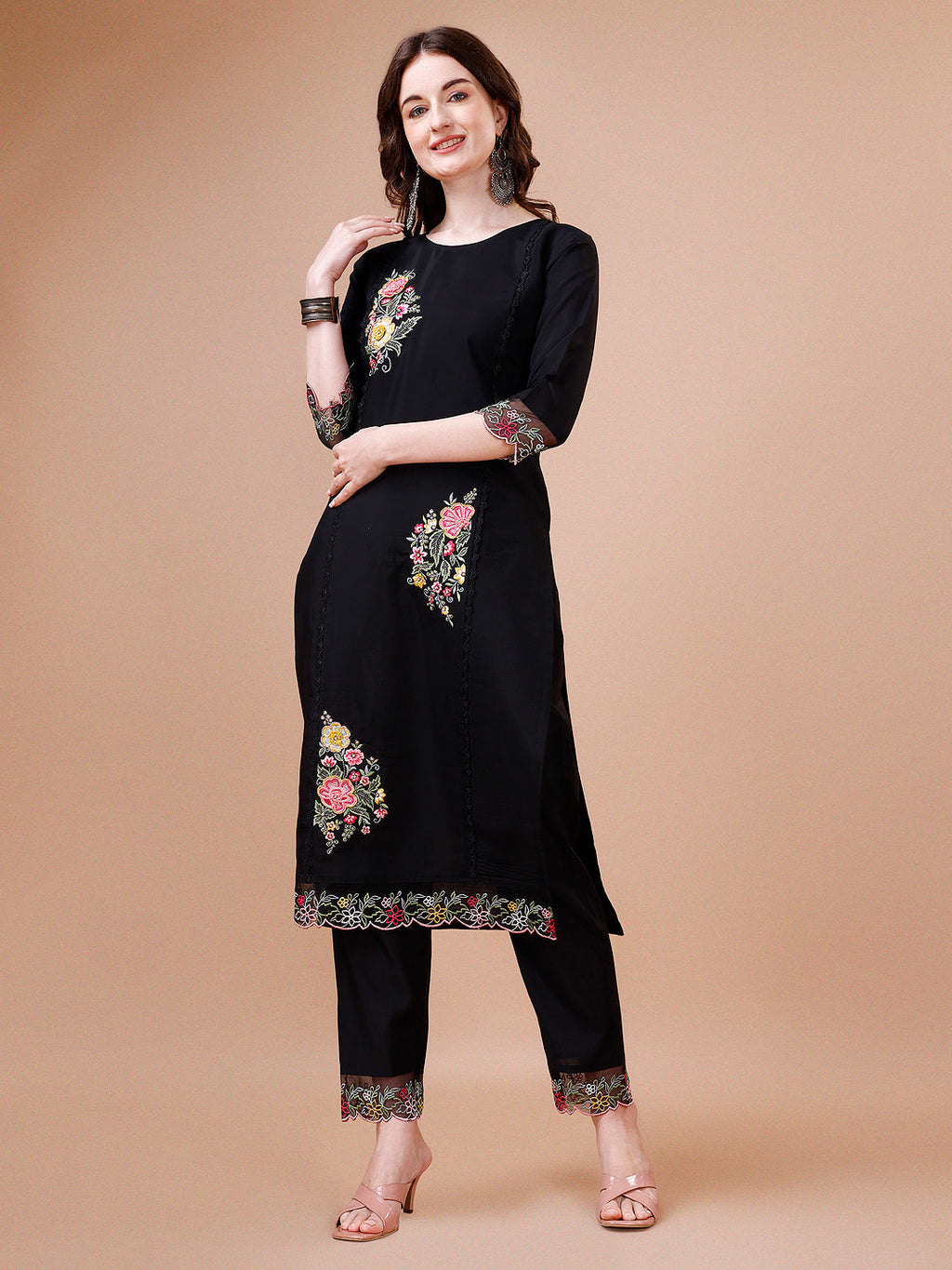 Hand Embroidered Kurta With Pant & Embroidered Organza Dupatta Premium, Multicolor - Hiral Fashion | Grocsy