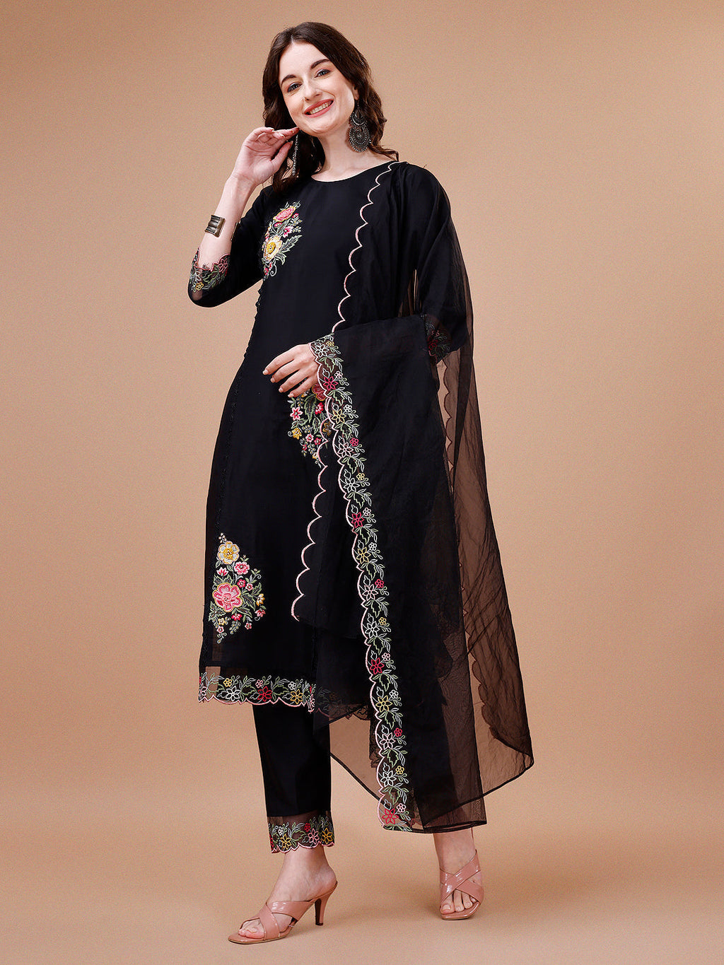 Hand Embroidered Kurta With Pant & Embroidered Organza Dupatta Premium, Multicolor - Hiral Fashion | Grocsy