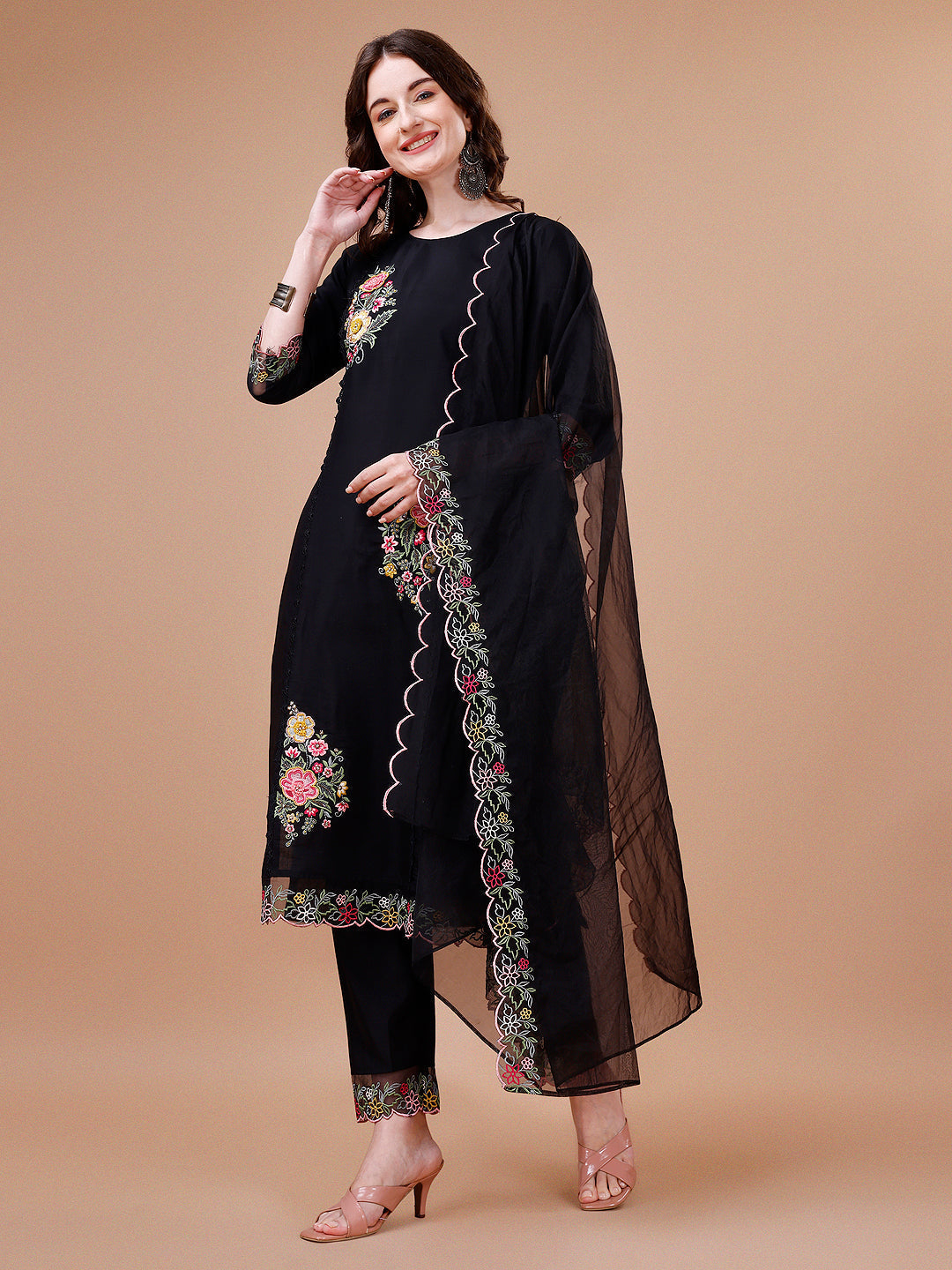 Hand Embroidered Kurta With Pant & Embroidered Organza Dupatta Premium, Multicolor - Hiral Fashion | Grocsy