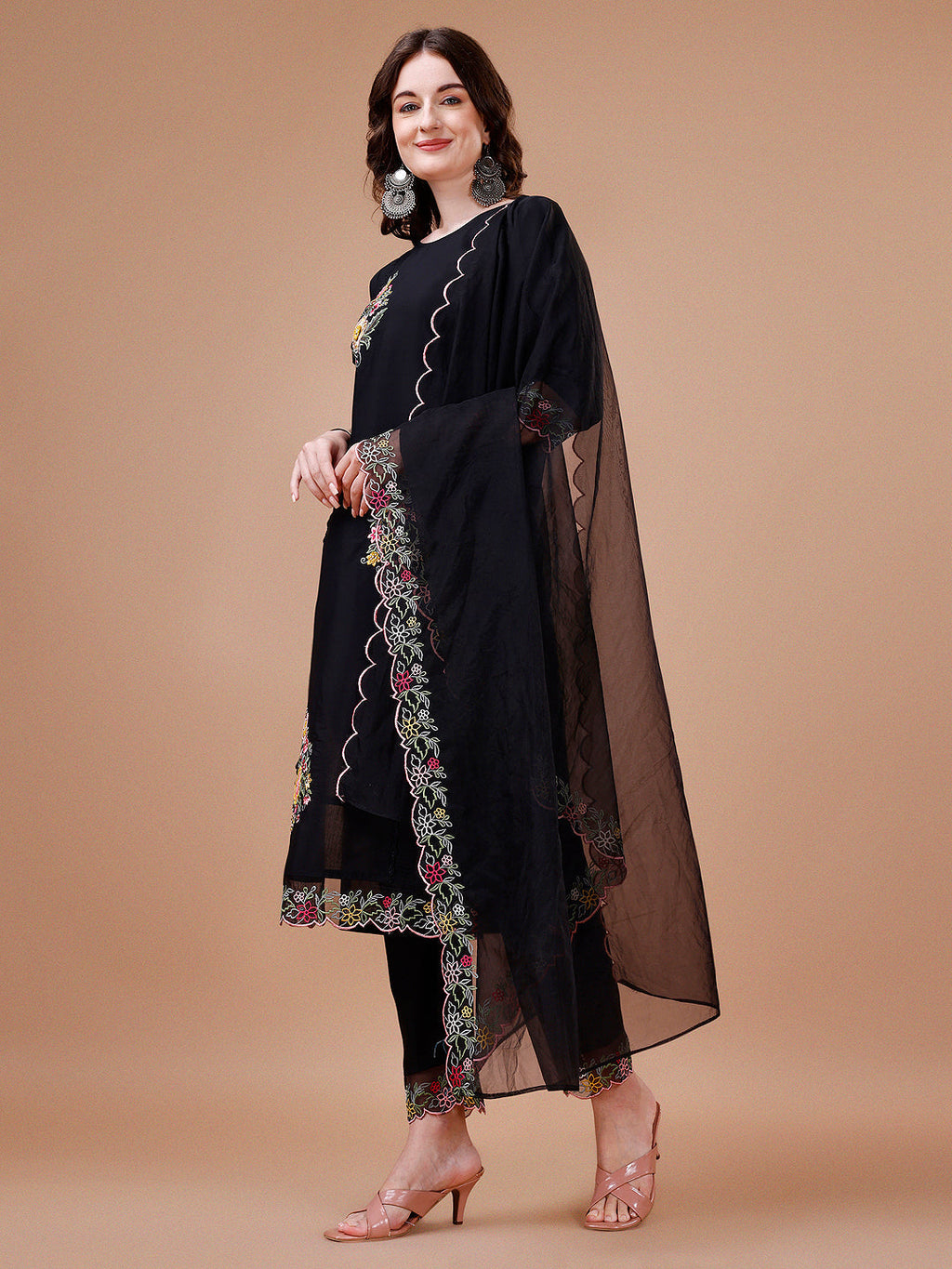 Hand Embroidered Kurta With Pant & Embroidered Organza Dupatta Premium, Multicolor - Hiral Fashion | Grocsy