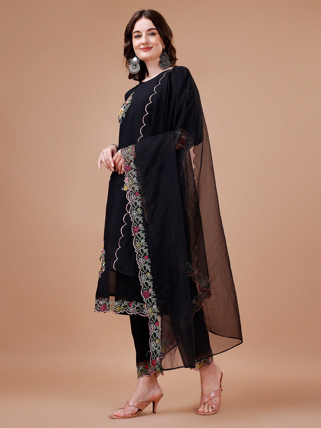 Hand Embroidered Kurta With Pant & Embroidered Organza Dupatta Premium, Multicolor - Hiral Fashion | Grocsy