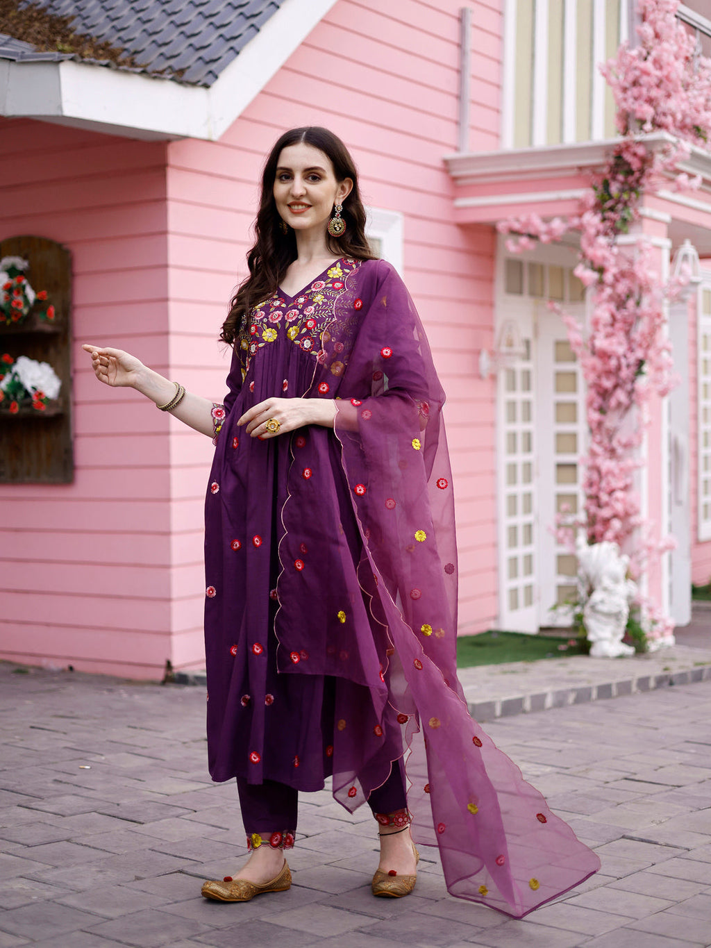 Hand Embroidered Alia Cut Kurta With Pant & Embroidered Organza Dupatta Premium, Multicolor - Hiral Fashion | Grocsy
