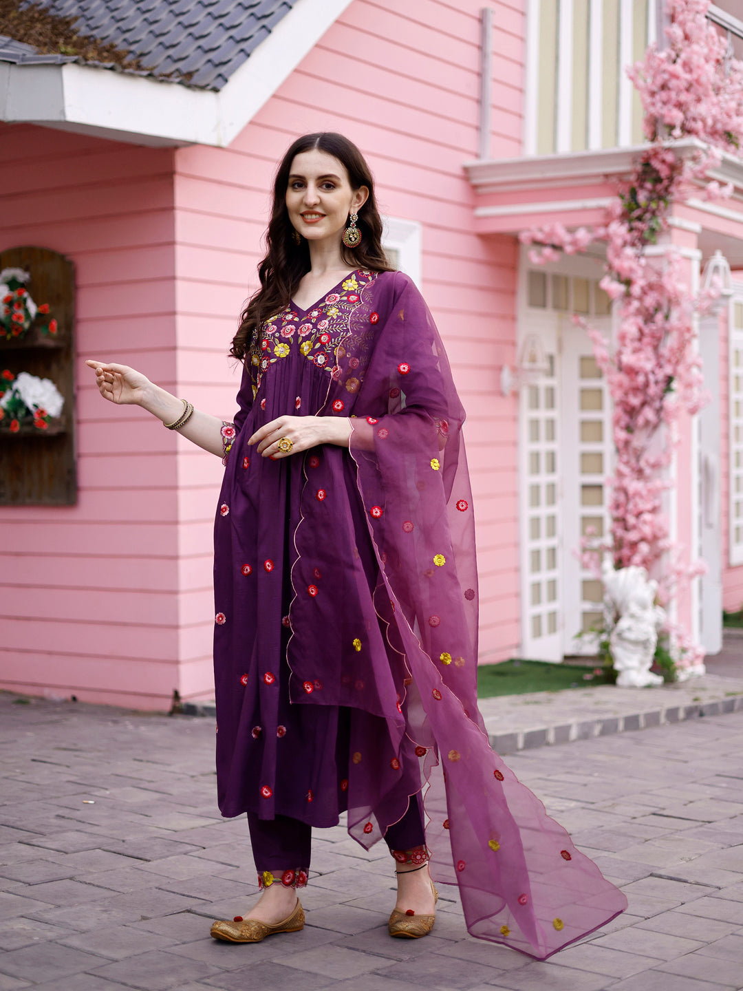Hand Embroidered Alia Cut Kurta With Pant & Embroidered Organza Dupatta Premium, Multicolor - Hiral Fashion | Grocsy