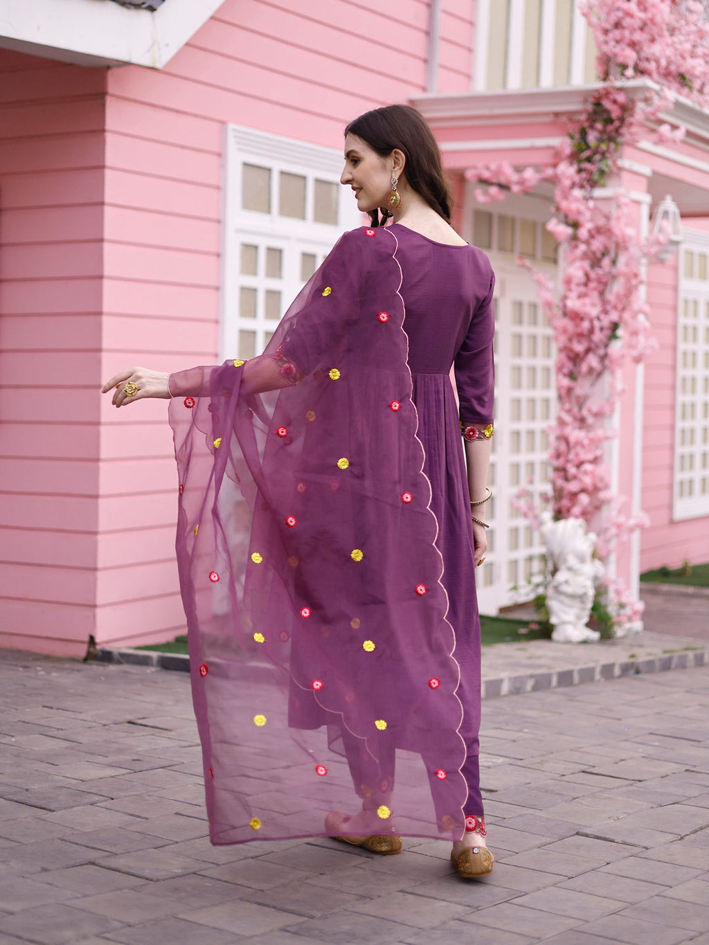 Hand Embroidered Alia Cut Kurta With Pant & Embroidered Organza Dupatta Premium, Multicolor - Hiral Fashion | Grocsy
