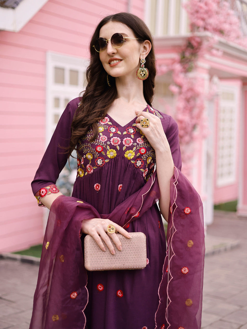 Hand Embroidered Alia Cut Kurta With Pant & Embroidered Organza Dupatta Premium, Multicolor - Hiral Fashion | Grocsy