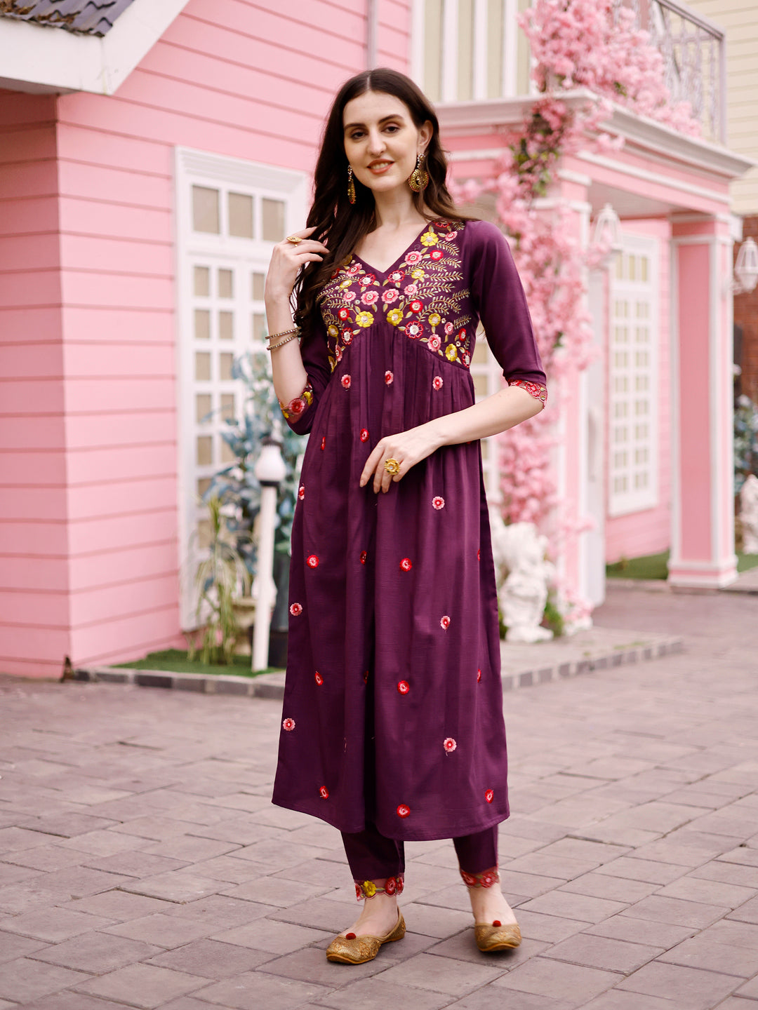 Hand Embroidered Alia Cut Kurta With Pant & Embroidered Organza Dupatta Premium, Multicolor - Hiral Fashion | Grocsy