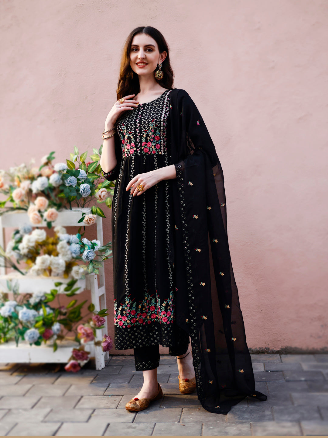 Nyra Cut Floral Front Embroidered Kurta With Pant & Organza Embroidered Dupatta Premium Luxury, Multicolor - Hiral Fashion | Grocsy